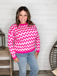 "Zig Zag" Long Sleeve Crewneck Sweater (Fuchsia)