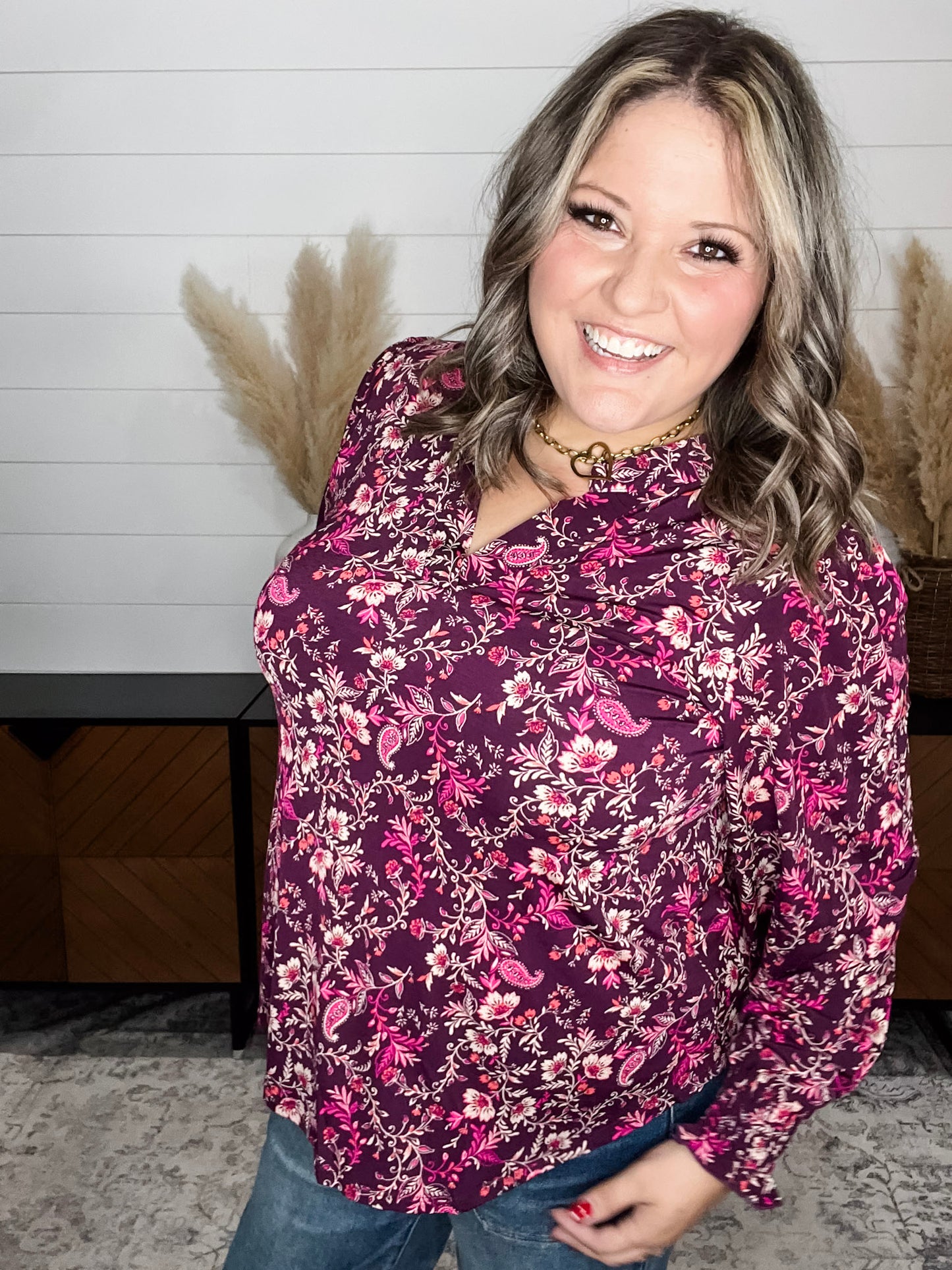 "Titanium" Smocked Wrist Long Sleeve Split Neck