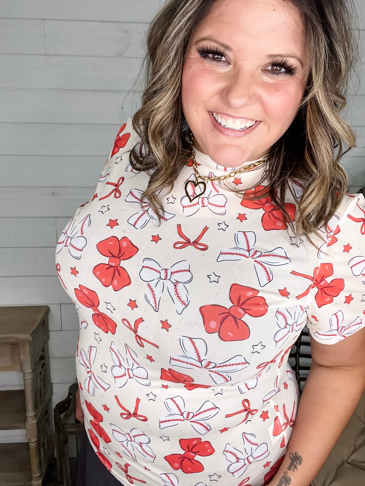 Shirley & Stone "Baseball & Bows" Short Sleeve Mesh Top