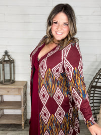 "Dutton" Aztec Print Cardigan with Pockets (Burgundy)