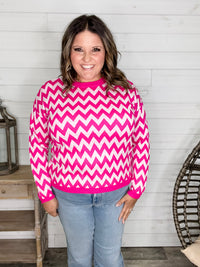 "Zig Zag" Long Sleeve Crewneck Sweater (Fuchsia)