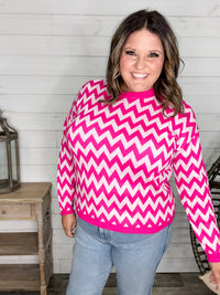 "Zig Zag" Long Sleeve Crewneck Sweater (Fuchsia)