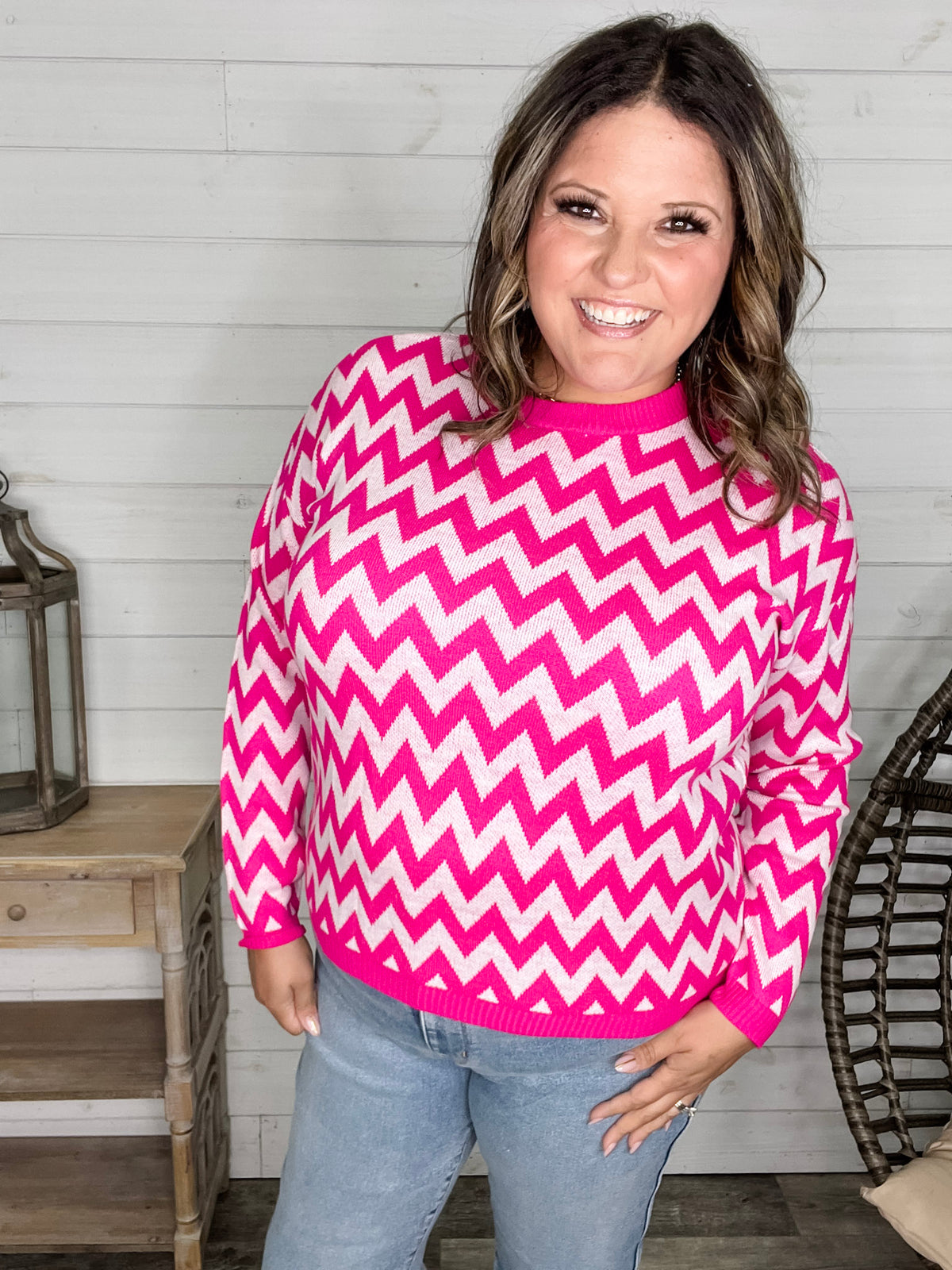 "Zig Zag" Long Sleeve Crewneck Sweater (Fuchsia)