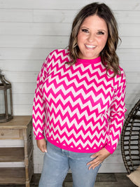 "Zig Zag" Long Sleeve Crewneck Sweater (Fuchsia)
