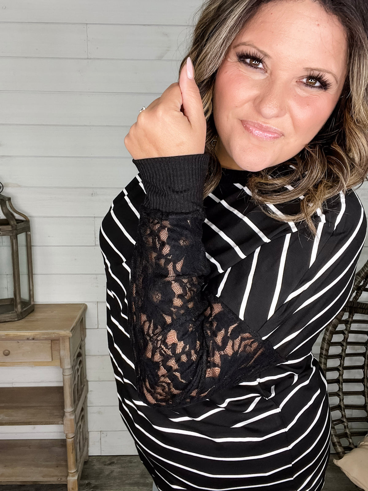 "Touch of Class" Long Sleeve with Lace Detail (Black)