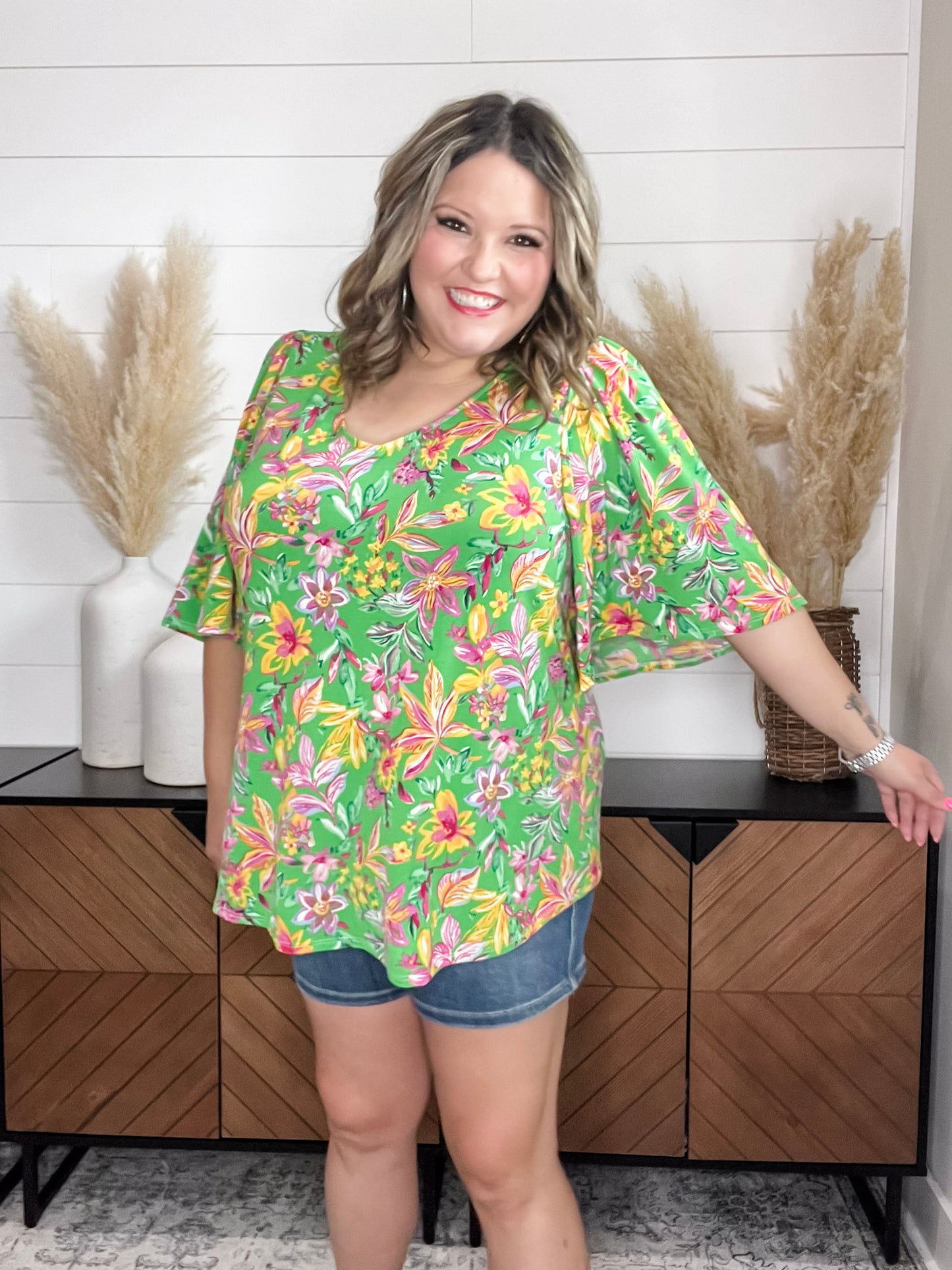 "Given" Short Ruffled Sleeve U Neck