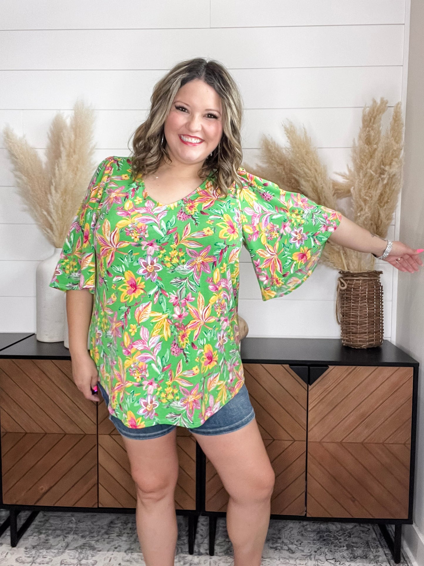 "Given" Short Ruffled Sleeve U Neck