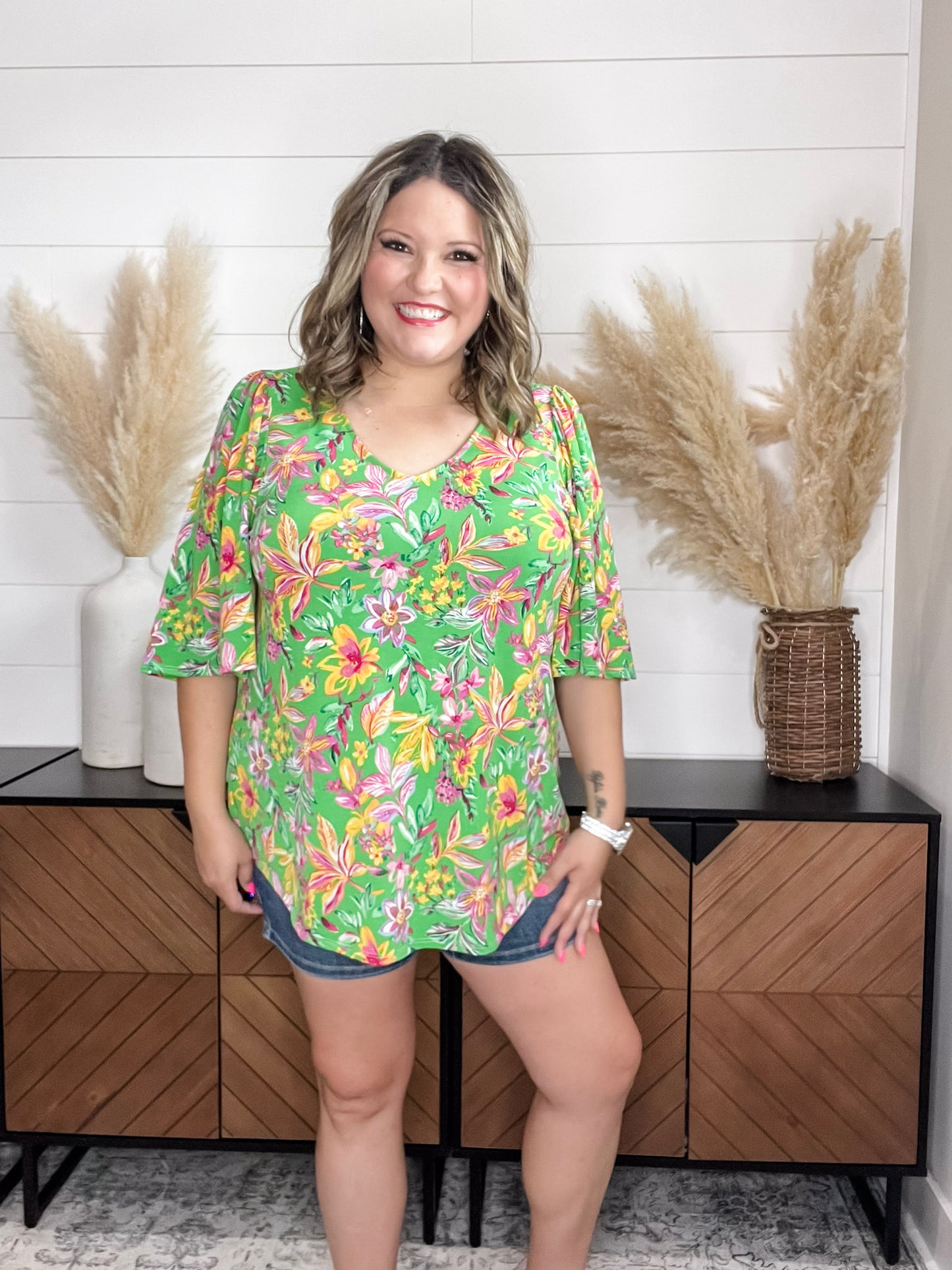 "Given" Short Ruffled Sleeve U Neck