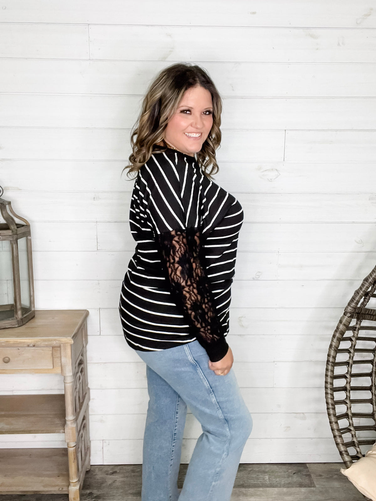 "Touch of Class" Long Sleeve with Lace Detail (Black)