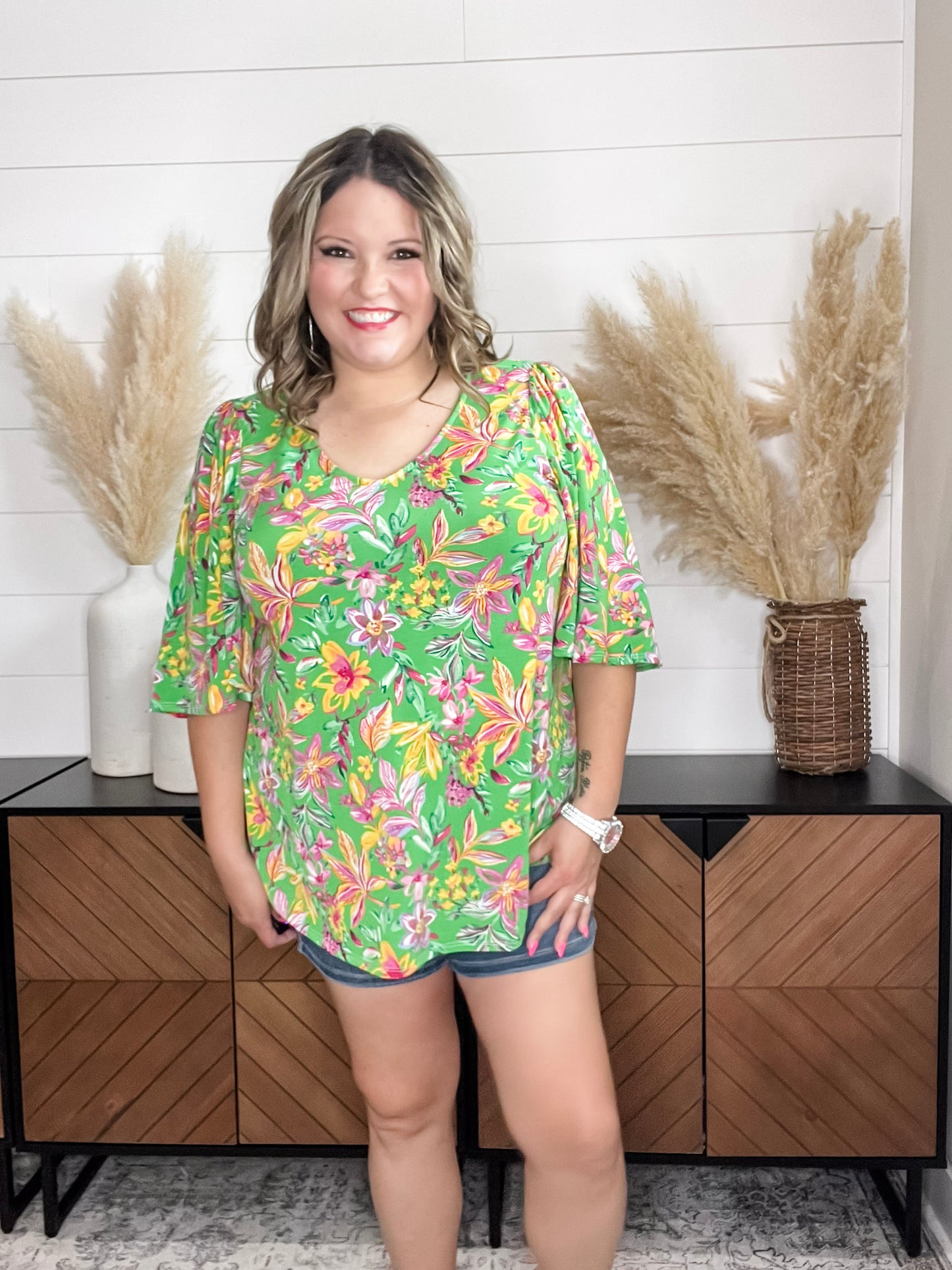 "Given" Short Ruffled Sleeve U Neck