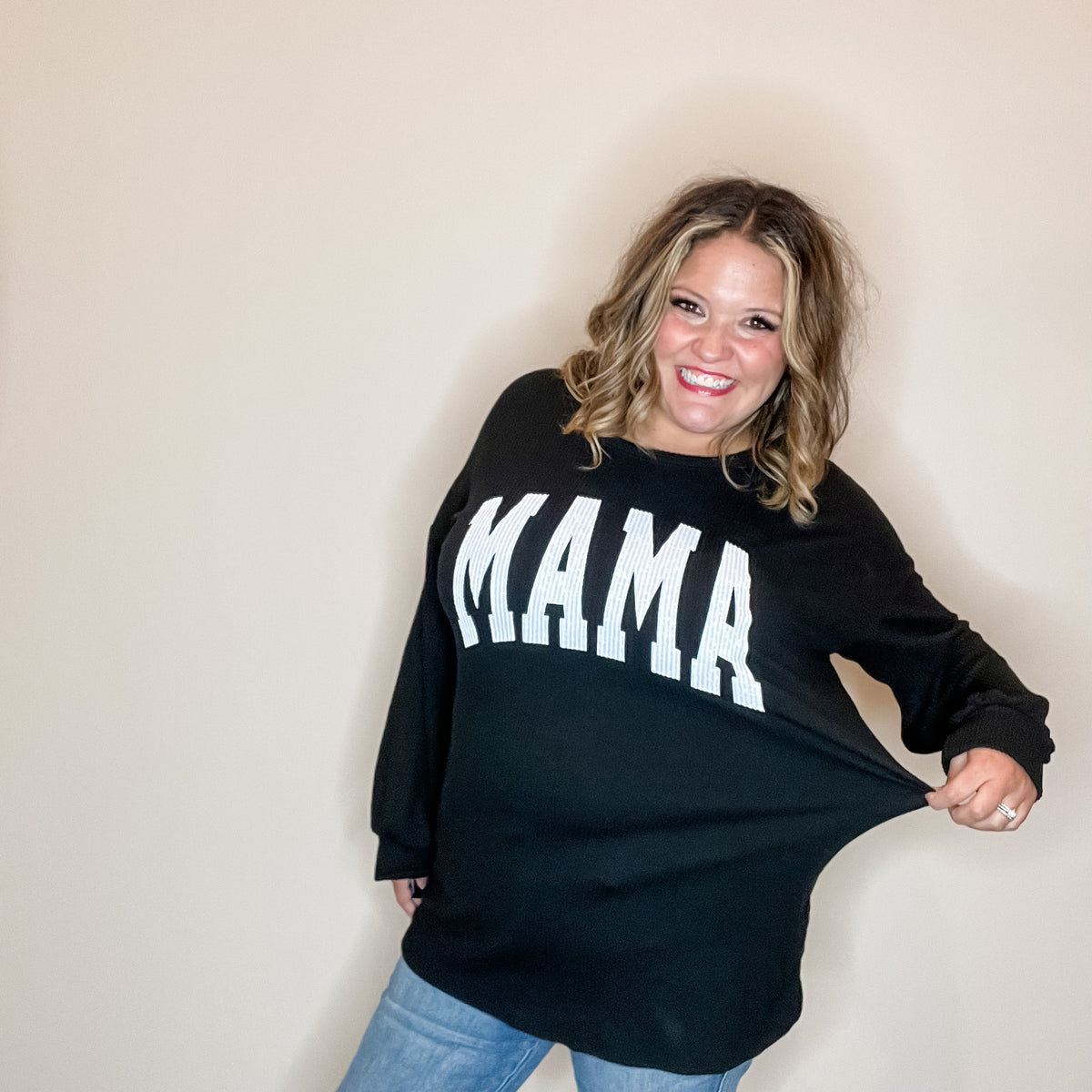 "Mama" Corded Long Sleeve Top (Multiple Colors)