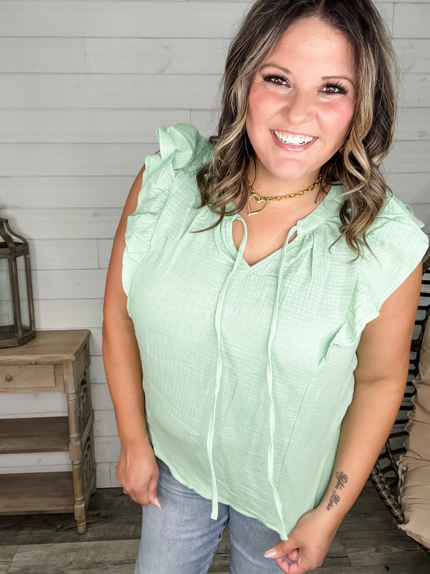 "Wheatland" Ruffle Cap V Neck with Tie Detail (Sage)