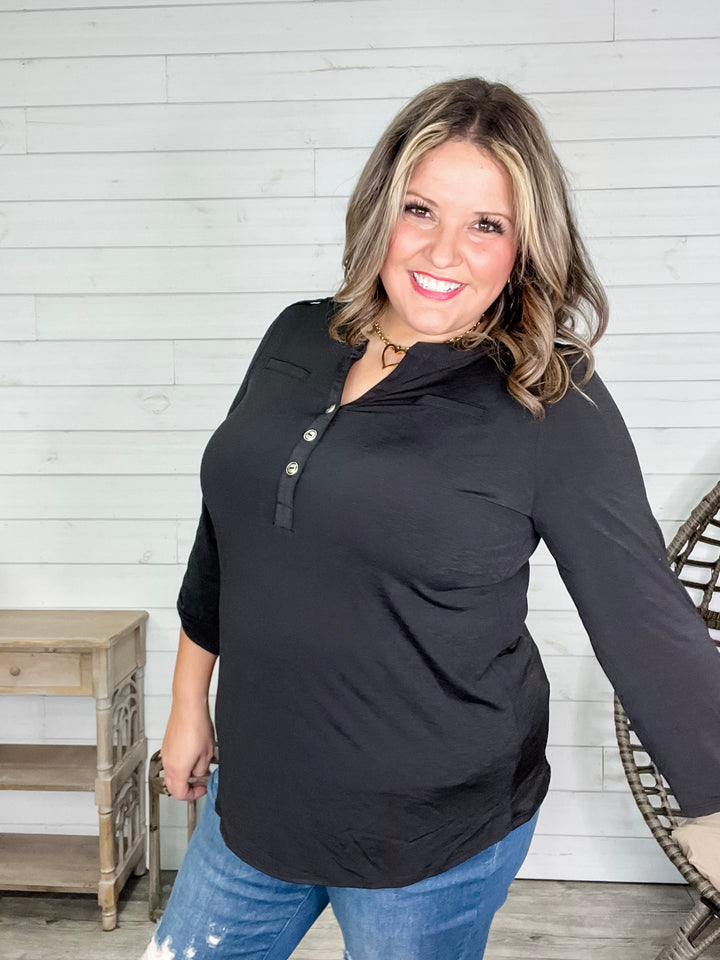 "Obsolete" 3/4 Sleeve Button Front Lizzy Luxe (Black)