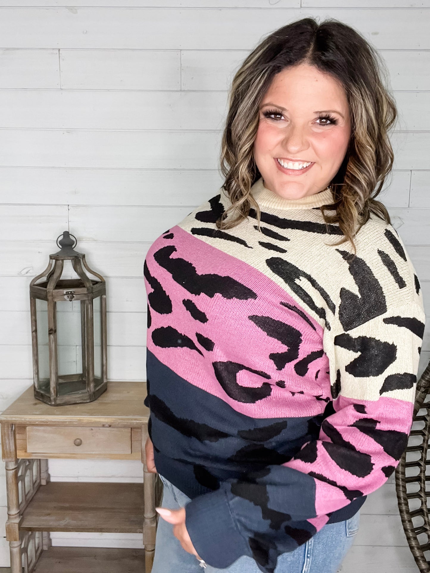 "Sutton" Animal Print Long Sleeve Colorblock Sweater