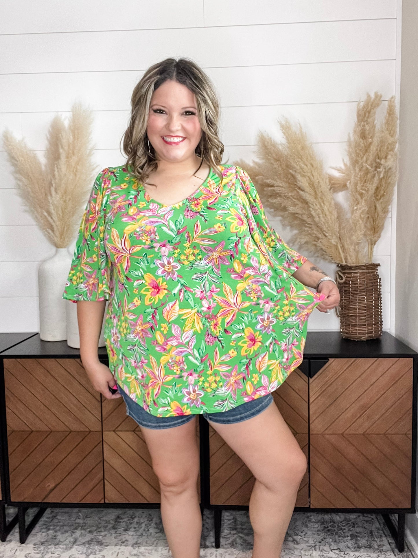 "Given" Short Ruffled Sleeve U Neck