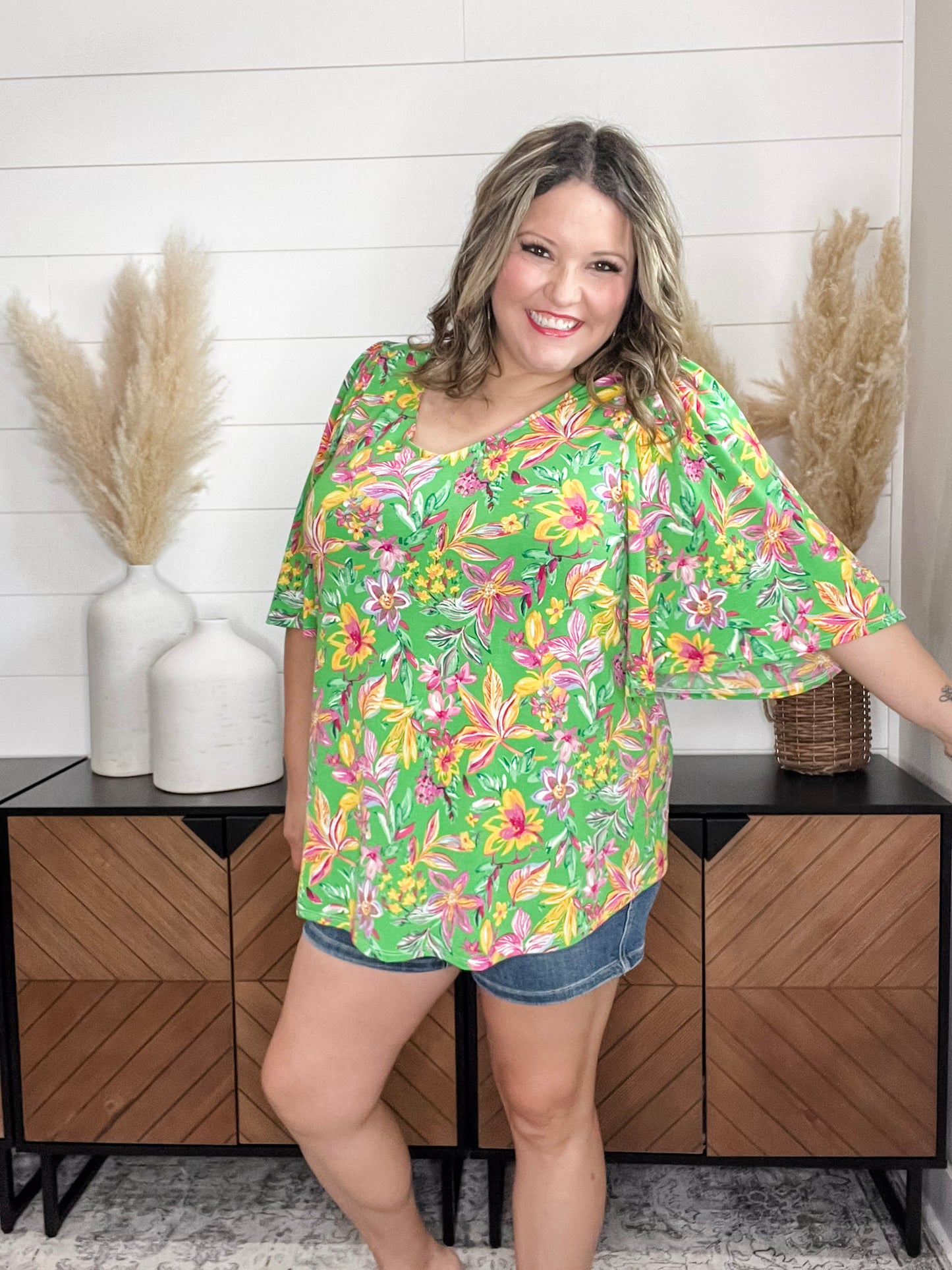 "Given" Short Ruffled Sleeve U Neck