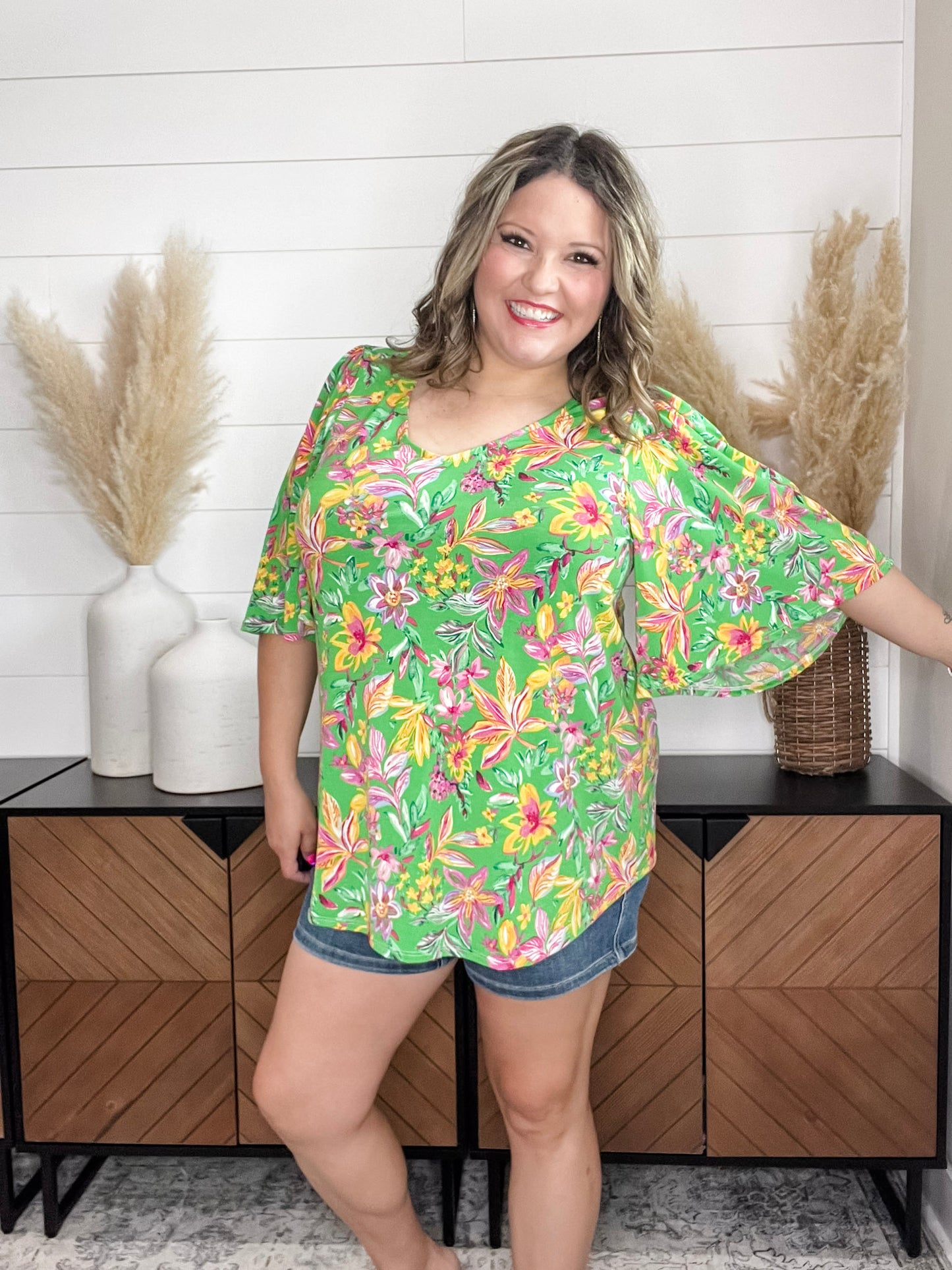 "Given" Short Ruffled Sleeve U Neck