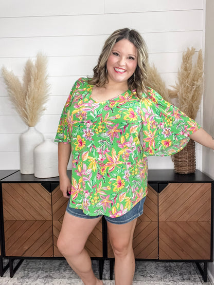 "Given" Short Ruffled Sleeve U Neck