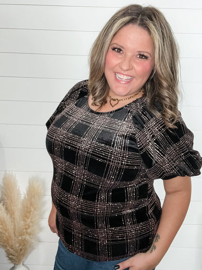 "Bright Lights"  Pink Glitter Velour Short Puff Sleeve