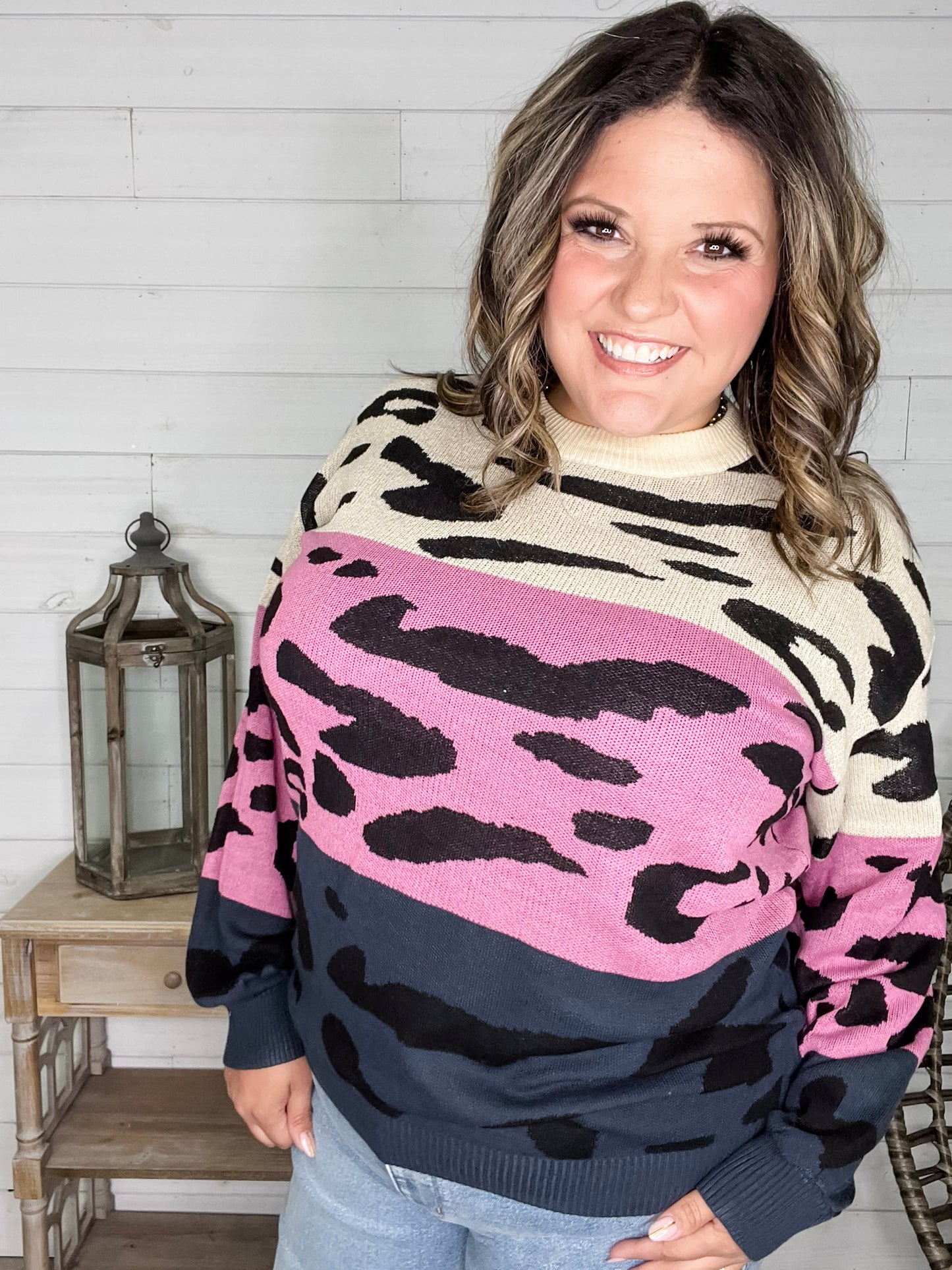 "Sutton" Animal Print Long Sleeve Colorblock Sweater