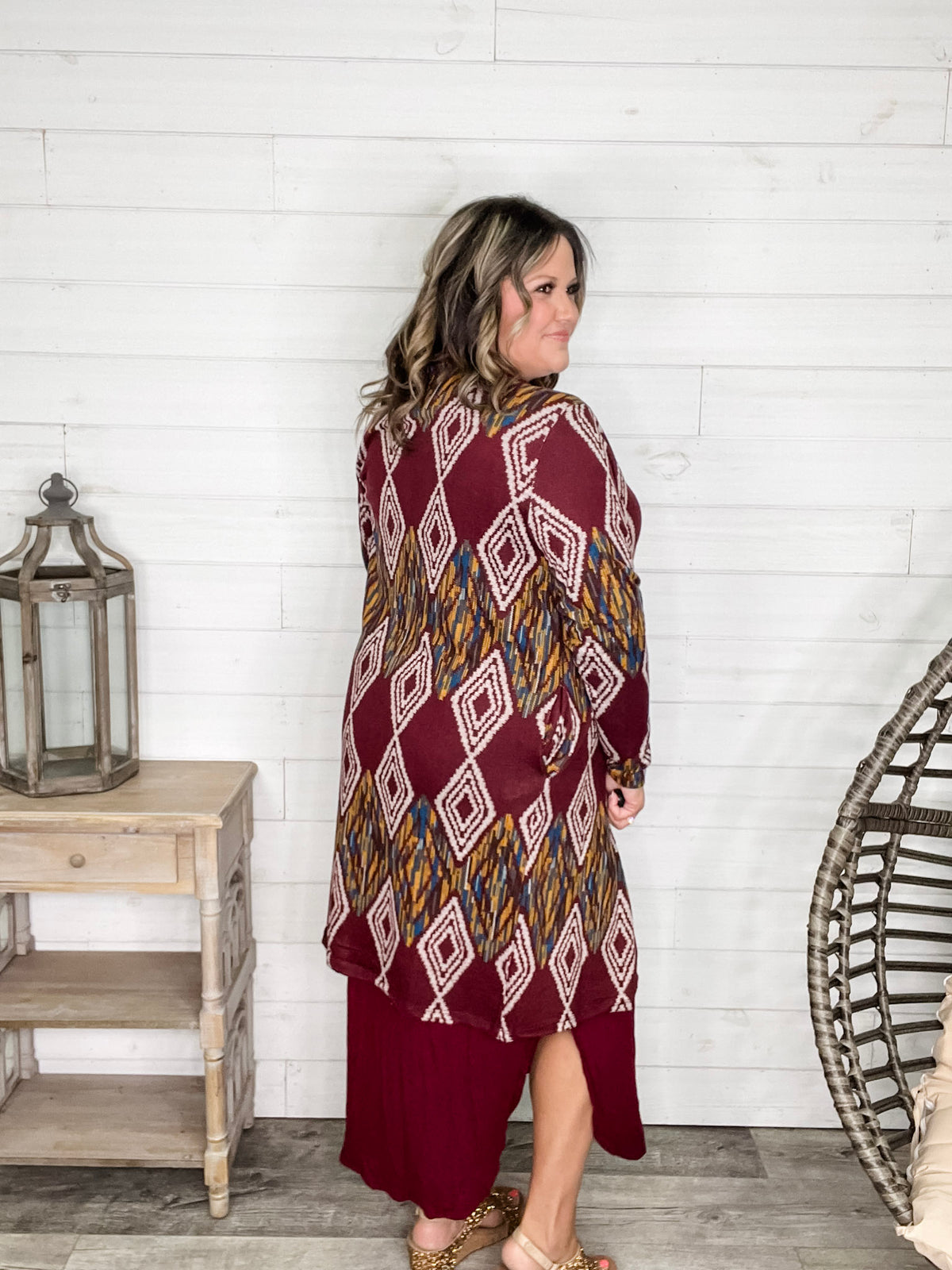 "Dutton" Aztec Print Cardigan with Pockets (Burgundy)