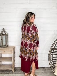 "Dutton" Aztec Print Cardigan with Pockets (Burgundy)