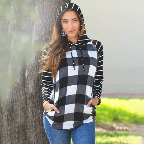 "Crystal" Light Weight Hoodie with Stripe Sleeve (Black & White Plaid)