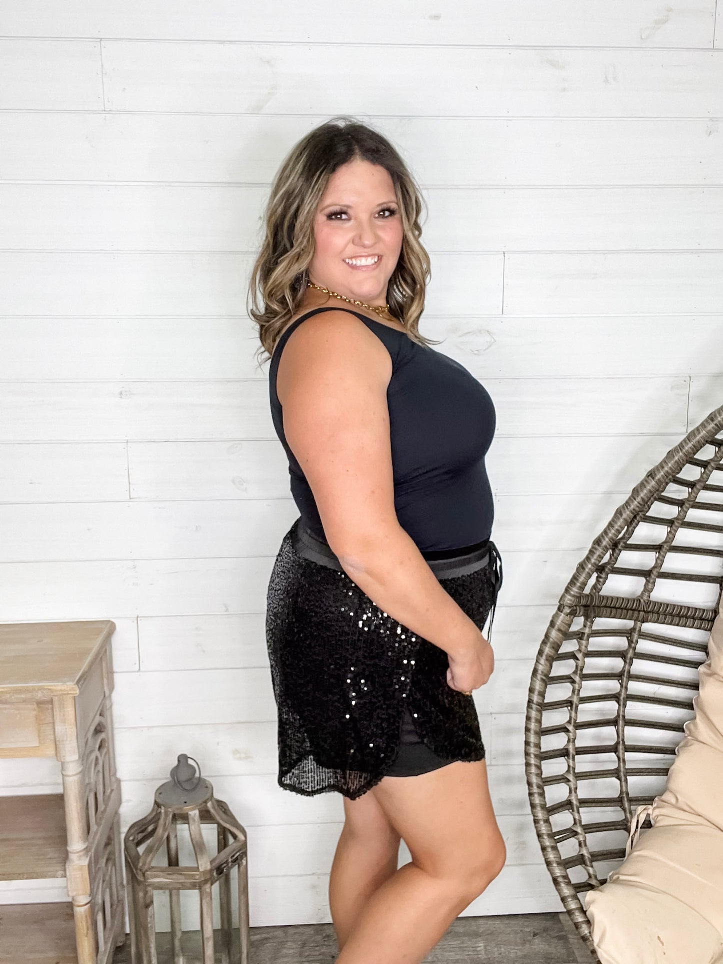 "Divine" Sequin Drawstring Waist Shorts (Black)