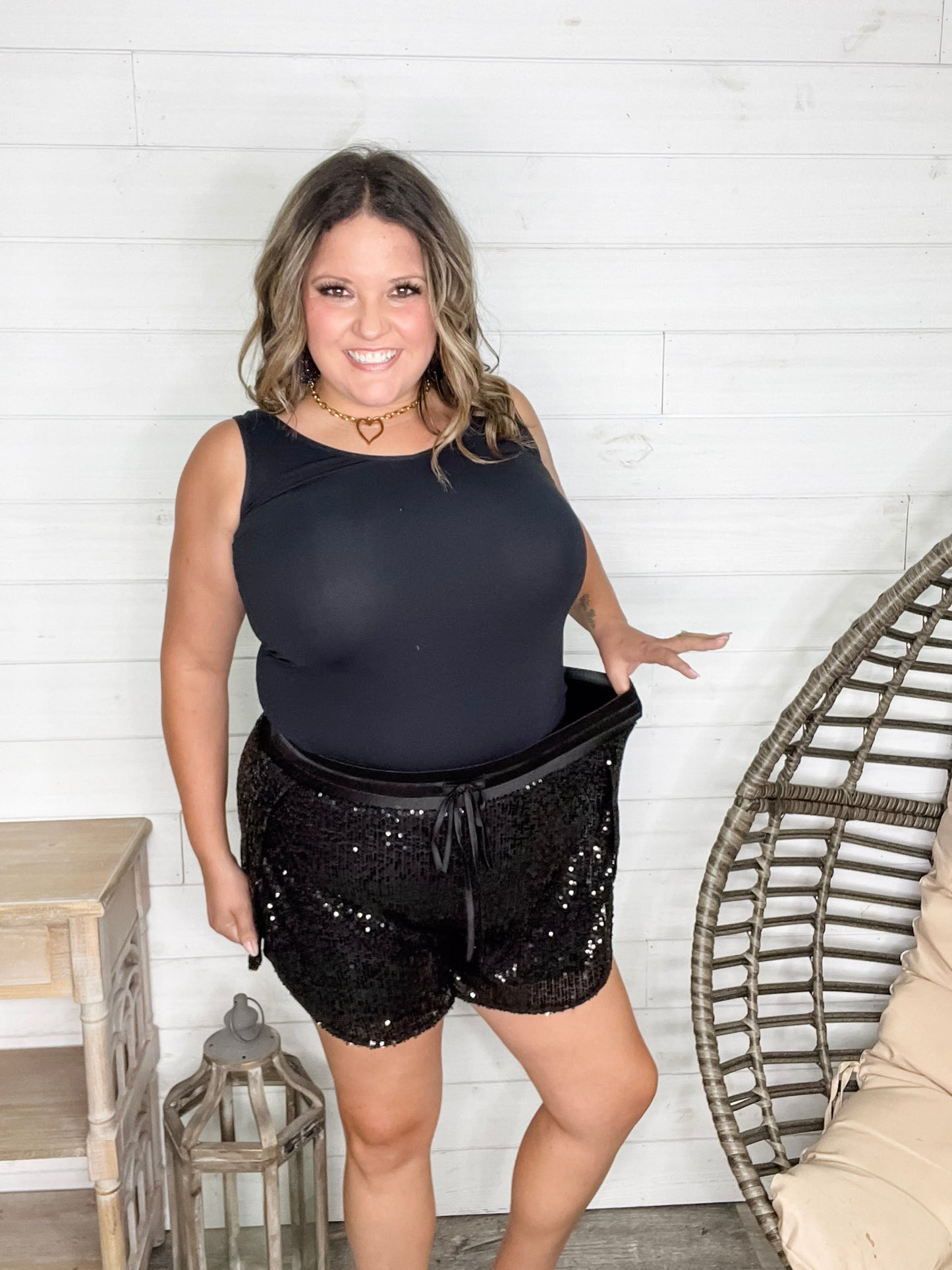 "Divine" Sequin Drawstring Waist Shorts (Black)