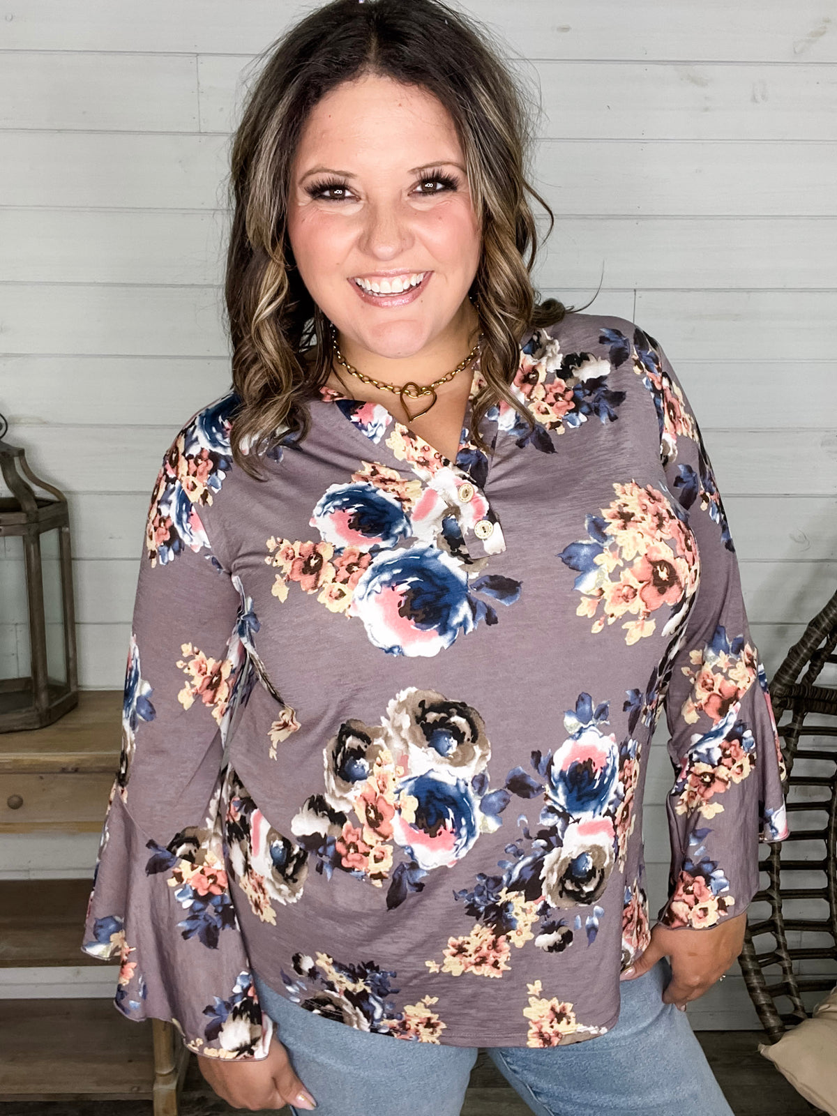 "Tough Enough" Floral Split Neck with Ruffle Sleeve