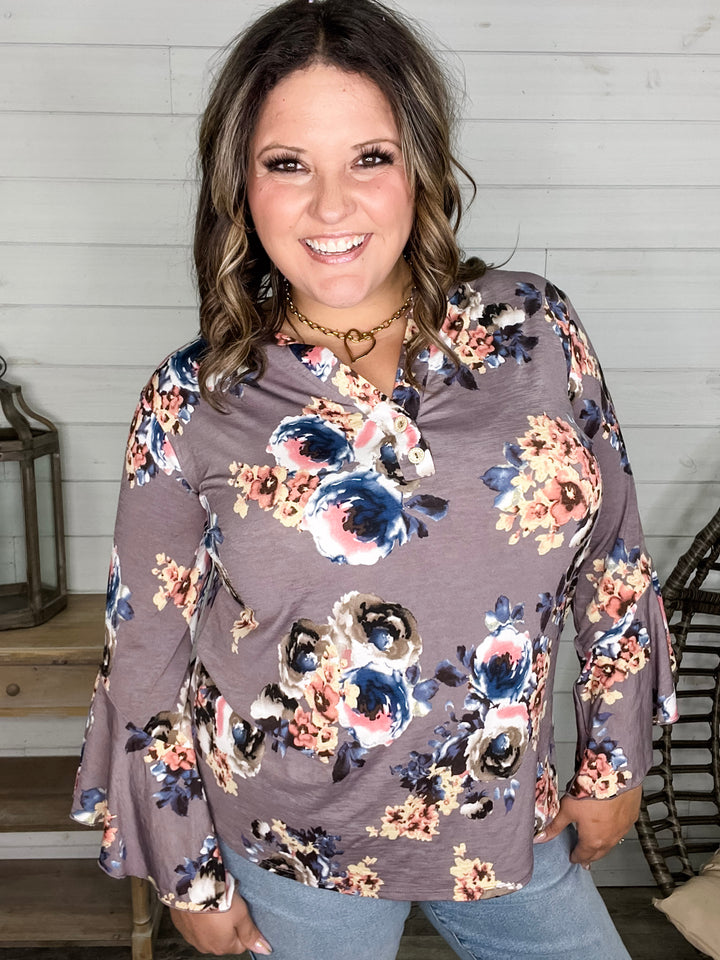 "Tough Enough" Floral Split Neck with Ruffle Sleeve