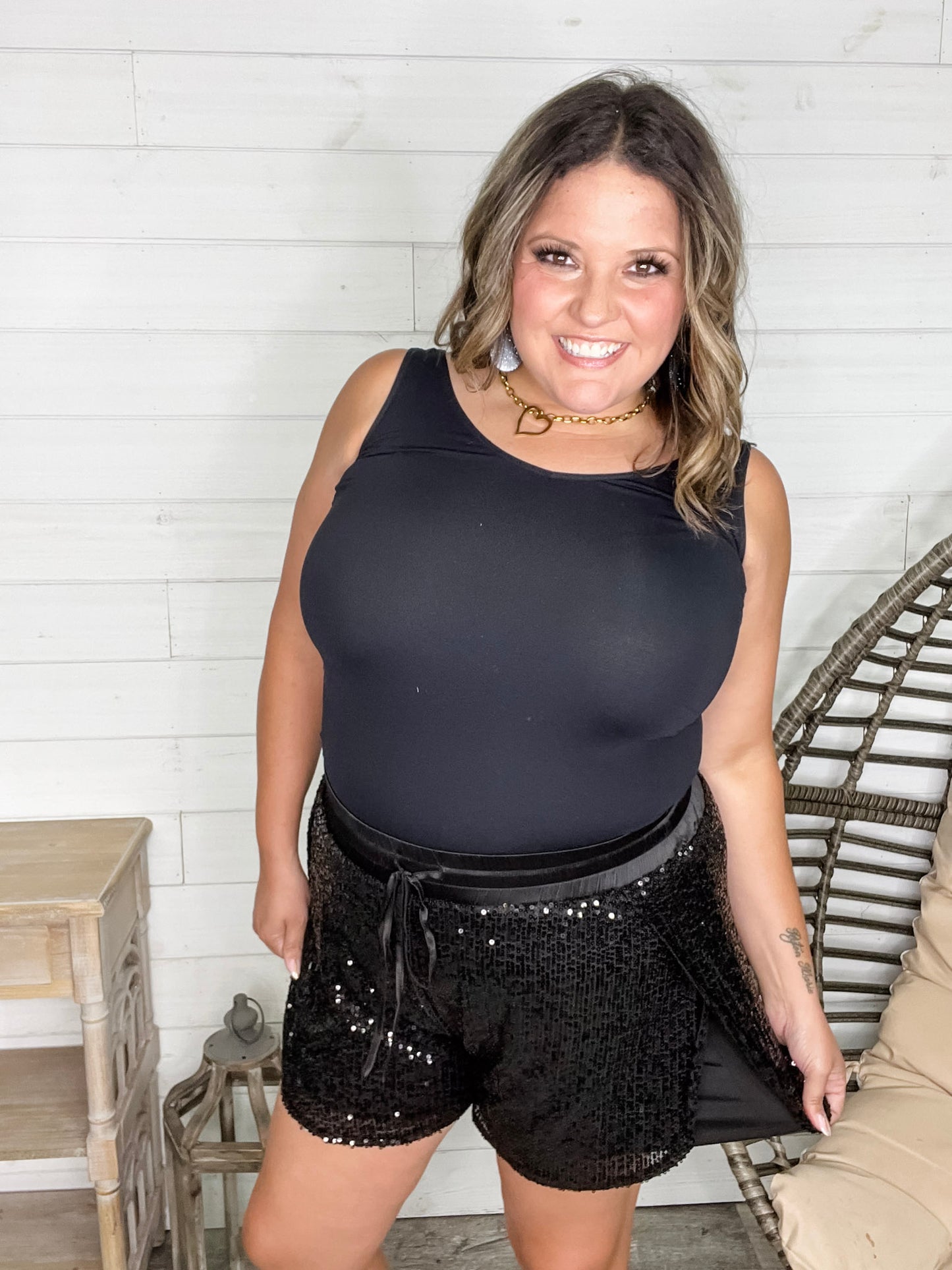 "Divine" Sequin Drawstring Waist Shorts (Black)