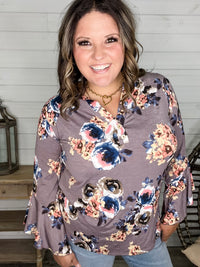"Tough Enough" Floral Split Neck with Ruffle Sleeve
