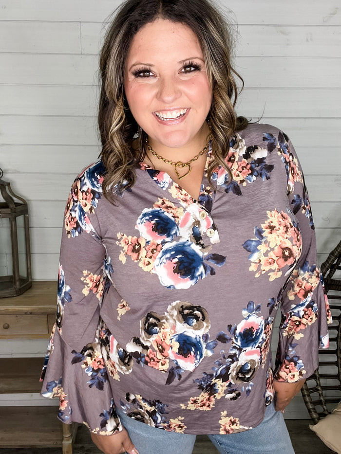 "Tough Enough" Floral Split Neck with Ruffle Sleeve