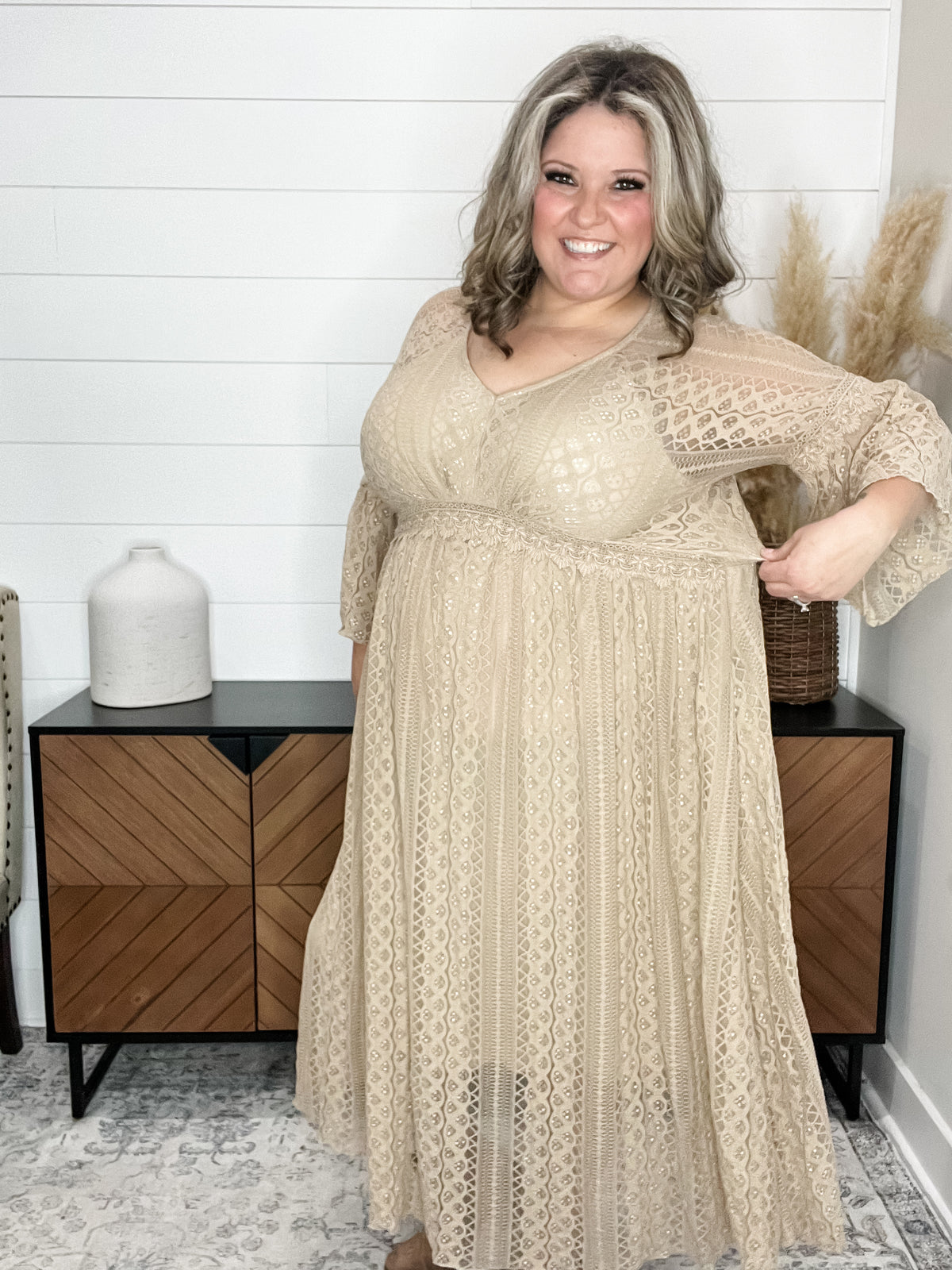 "Country In The Park" Long Sleeve V Neck Lace Dress (Taupe)