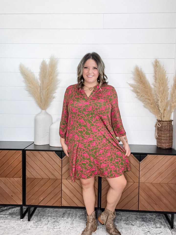 Dear Scarlett "Magnesium" 3/4 Sleeve Split Neck Dress with Pockets