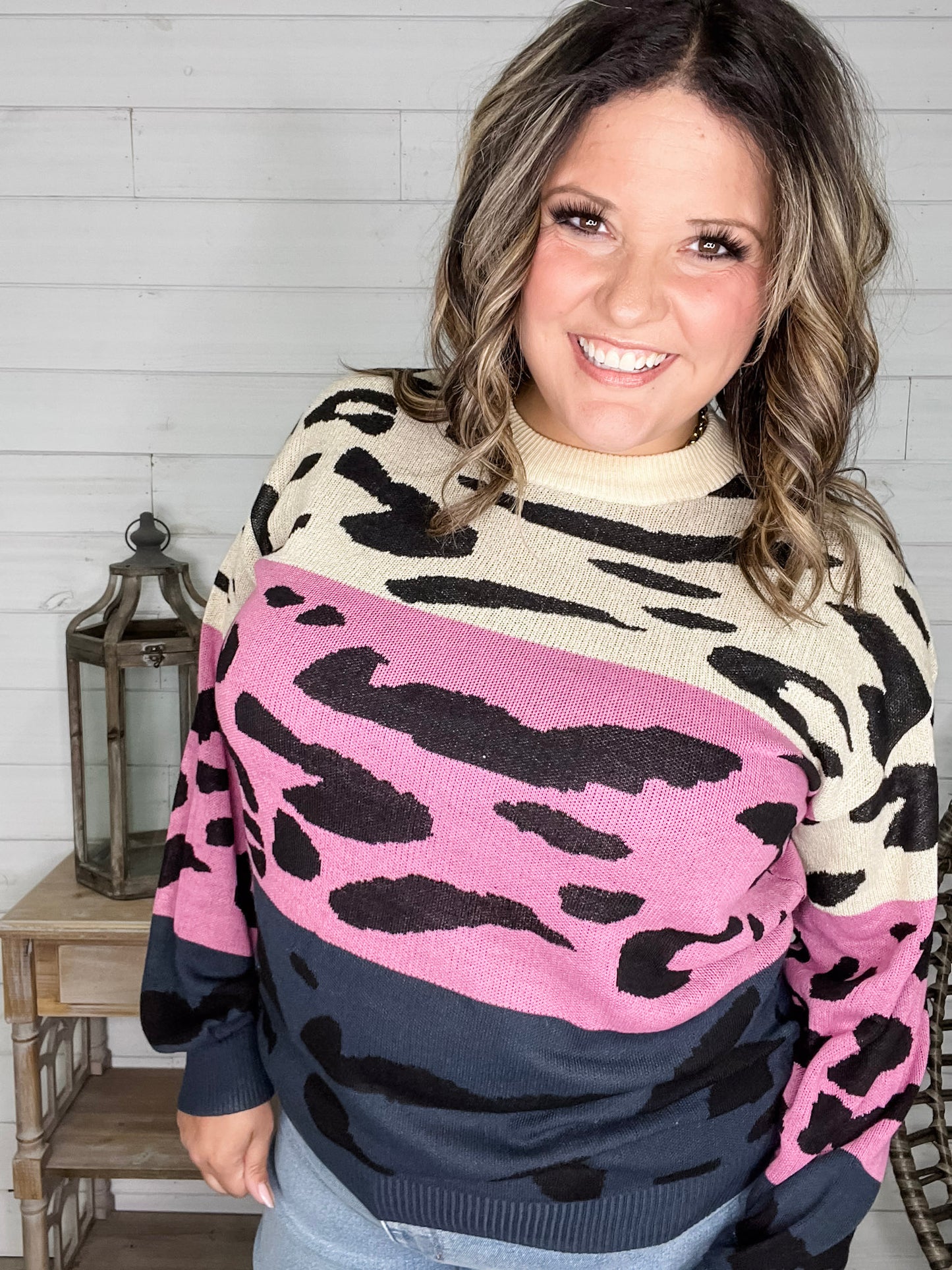 "Sutton" Animal Print Long Sleeve Colorblock Sweater