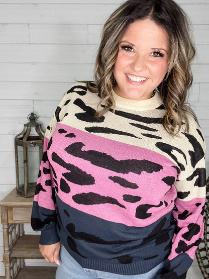 "Sutton" Animal Print Long Sleeve Colorblock Sweater