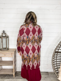 "Dutton" Aztec Print Cardigan with Pockets (Burgundy)