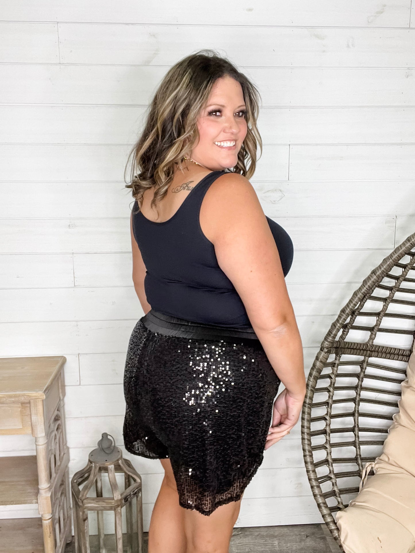 "Divine" Sequin Drawstring Waist Shorts (Black)