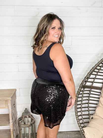 "Divine" Sequin Drawstring Waist Shorts (Black)