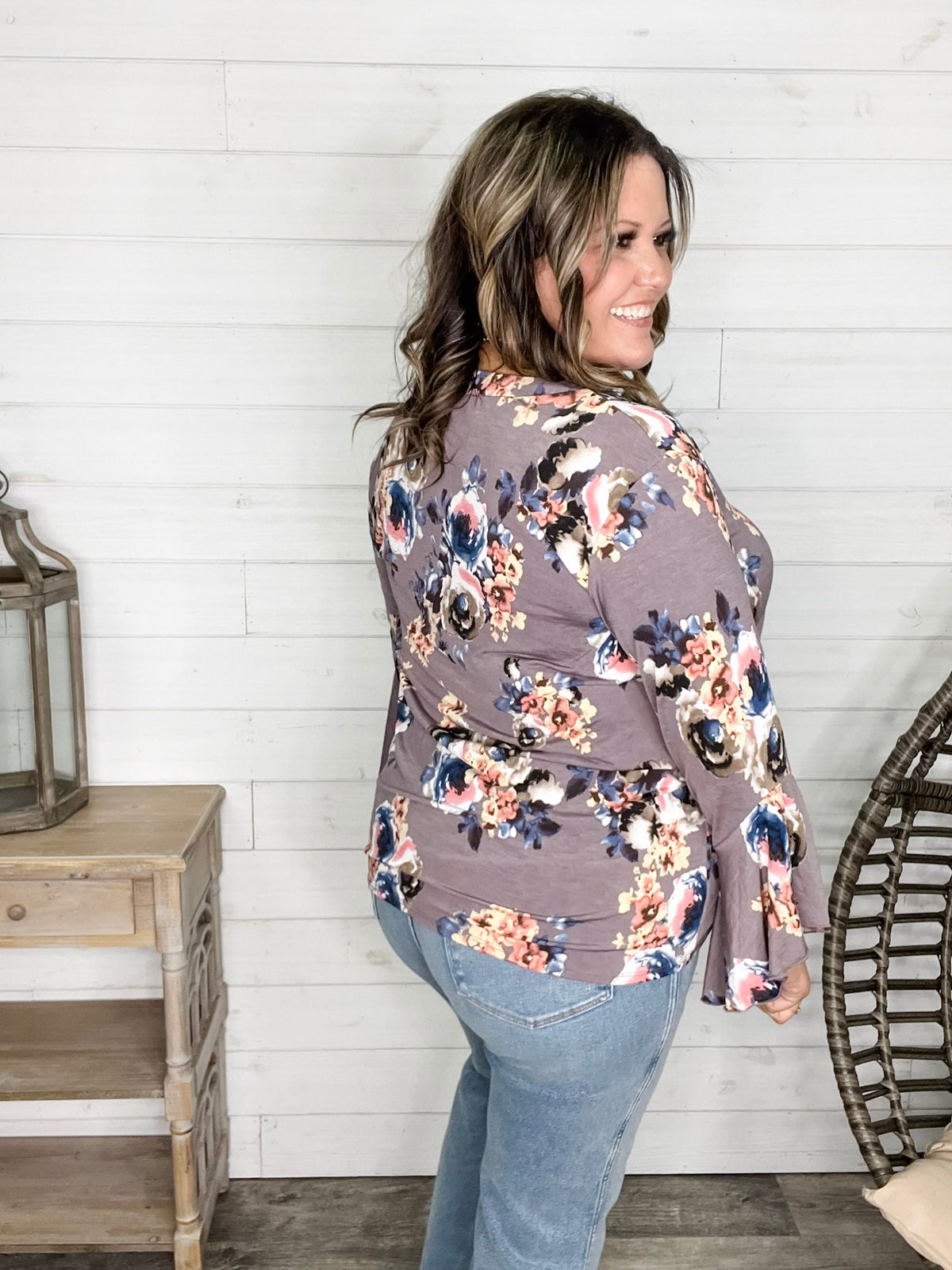 "Tough Enough" Floral Split Neck with Ruffle Sleeve