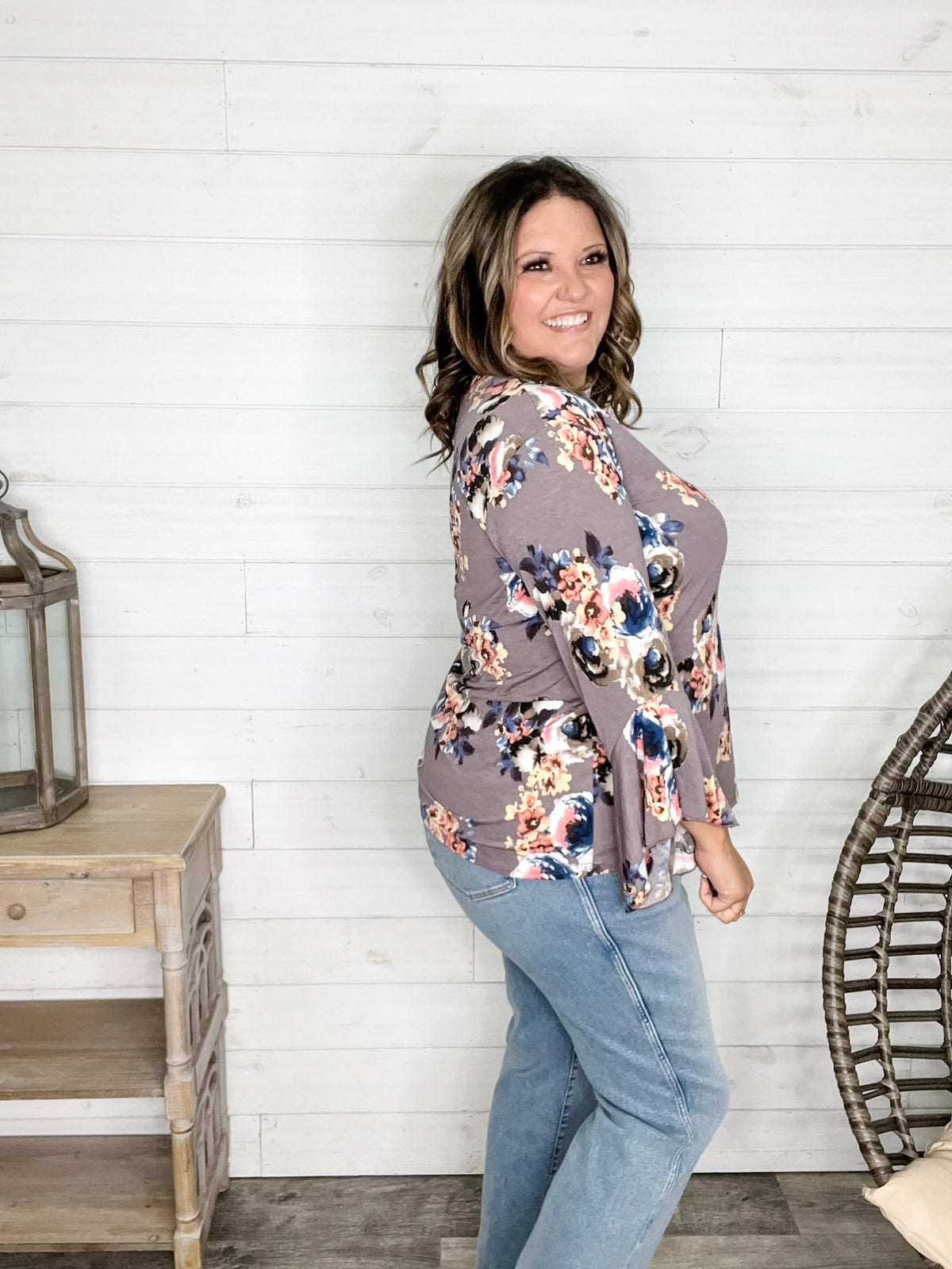 "Tough Enough" Floral Split Neck with Ruffle Sleeve