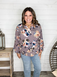 "Tough Enough" Floral Split Neck with Ruffle Sleeve