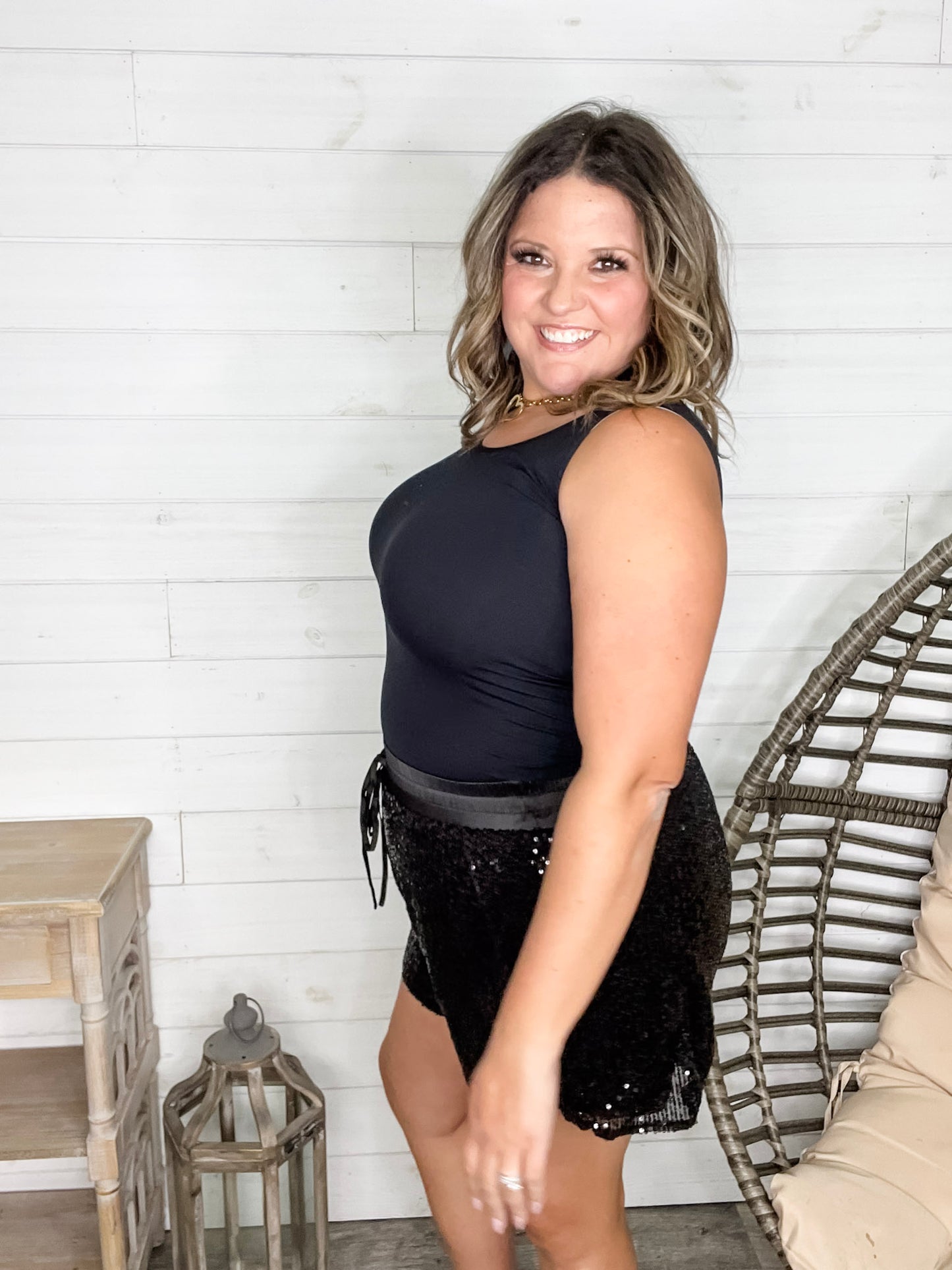 "Divine" Sequin Drawstring Waist Shorts (Black)