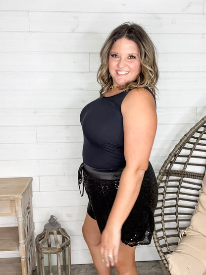 "Divine" Sequin Drawstring Waist Shorts (Black)