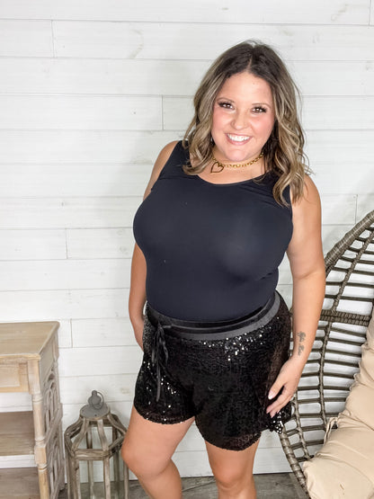 "Divine" Sequin Drawstring Waist Shorts (Black)
