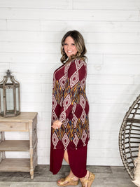 "Dutton" Aztec Print Cardigan with Pockets (Burgundy)