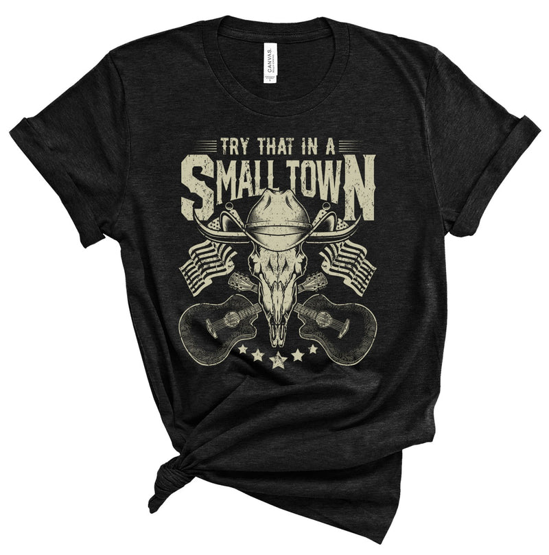 Graphic Tee "Small Town" Cow Skull Design (Black)