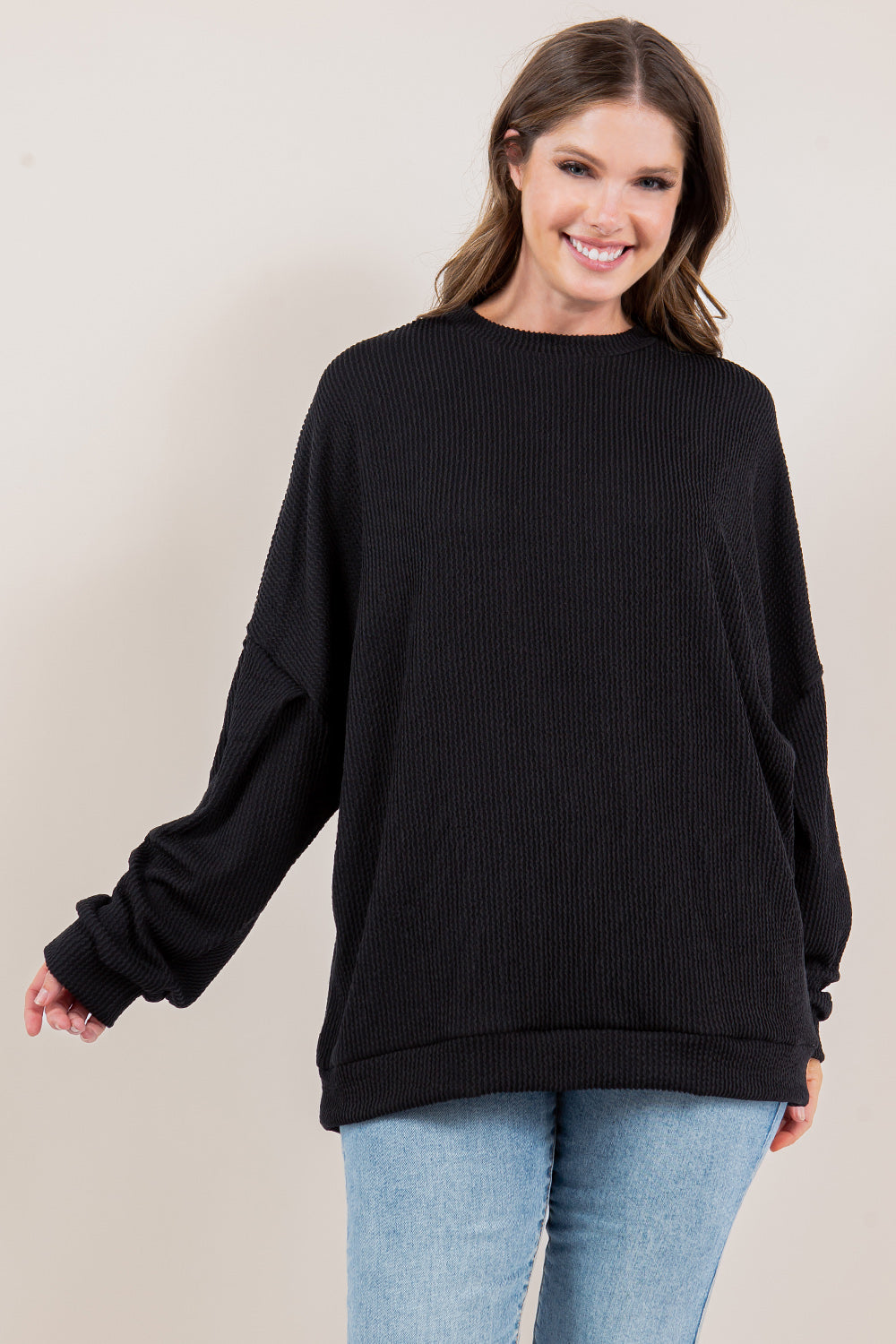 "Looks Like It" Oversized Corded Long Sleeve Pullover
